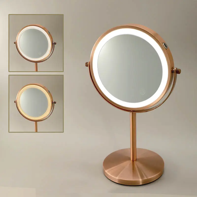Miroir cosmétique grossissant  5X + Led, Doré Rose Brossé, Elvire